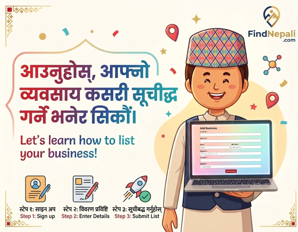 Confused Nepali business owner learning how to list a business on FindNepali